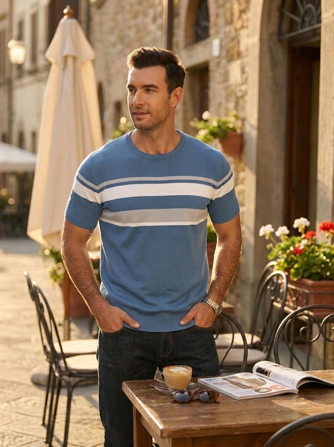 Detalle de Aulemen Herren Strick Kurzarm Streifen-T-Shirt – Regular Fit, bügelfrei & knitterfrei