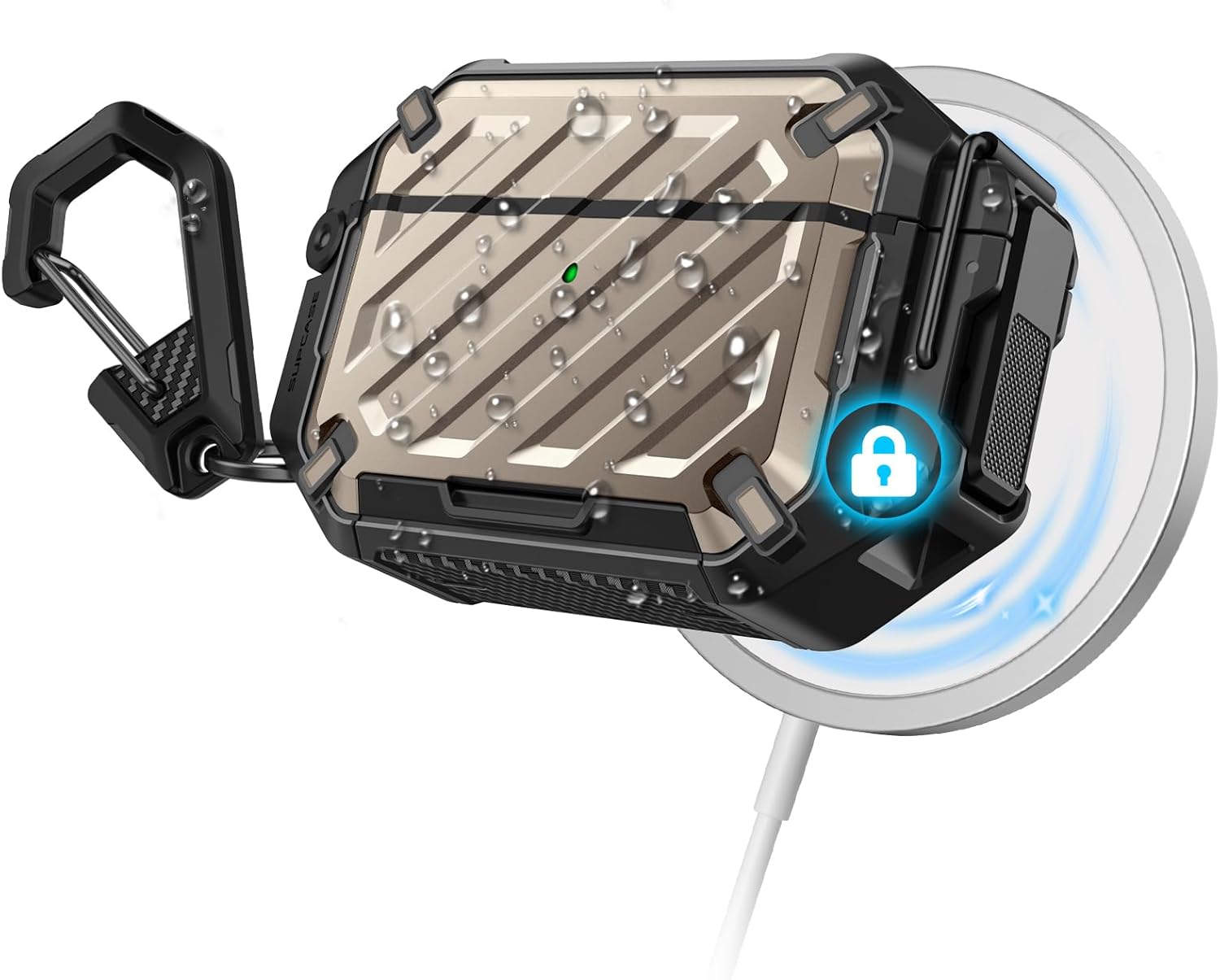 Detalle de SUPCASE AirPods Pro 3 Case with Lock & Carabiner – Desert, IP68 Waterproof, MagSafe Compatible