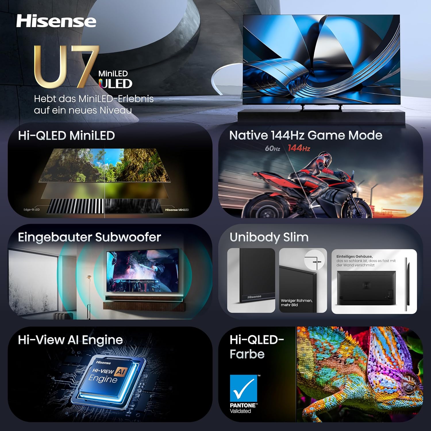 Detalle de Hisense 85U7DSE – 85 Zoll 4K UHD, Hi-QLED Mini LED, AI Engine, Dolby Vision Atmos und IMAX Enhanced
