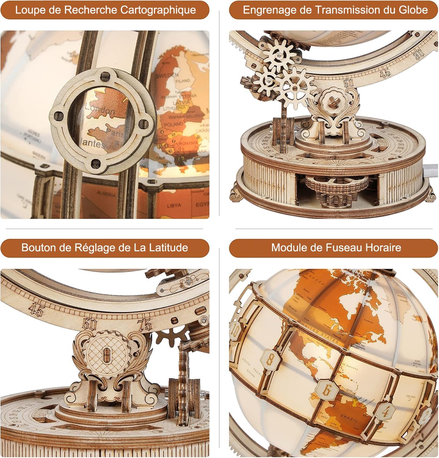 Detalle de ROKR Maquette Bois Globe Lumineux 3D – Puzzle 180 pièces et globe rotatif en bois