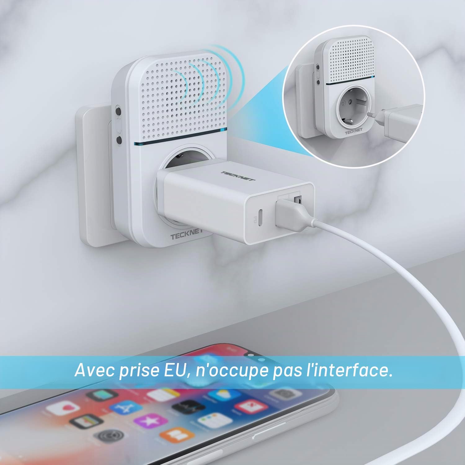 Detalle 2 de TECKNET Sonnette Sans Fil 400 m — IP65, 60 mélodies et charge intégrée