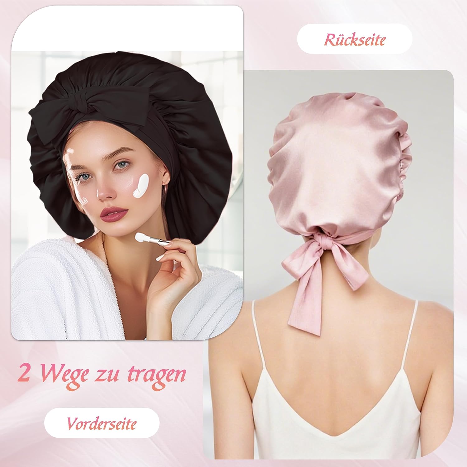 Detalle de 2er Set Seidenhaube zum Schlafen mit 2 Haargummis – Verstellbare Satin Haarhaube mit Elastikbund