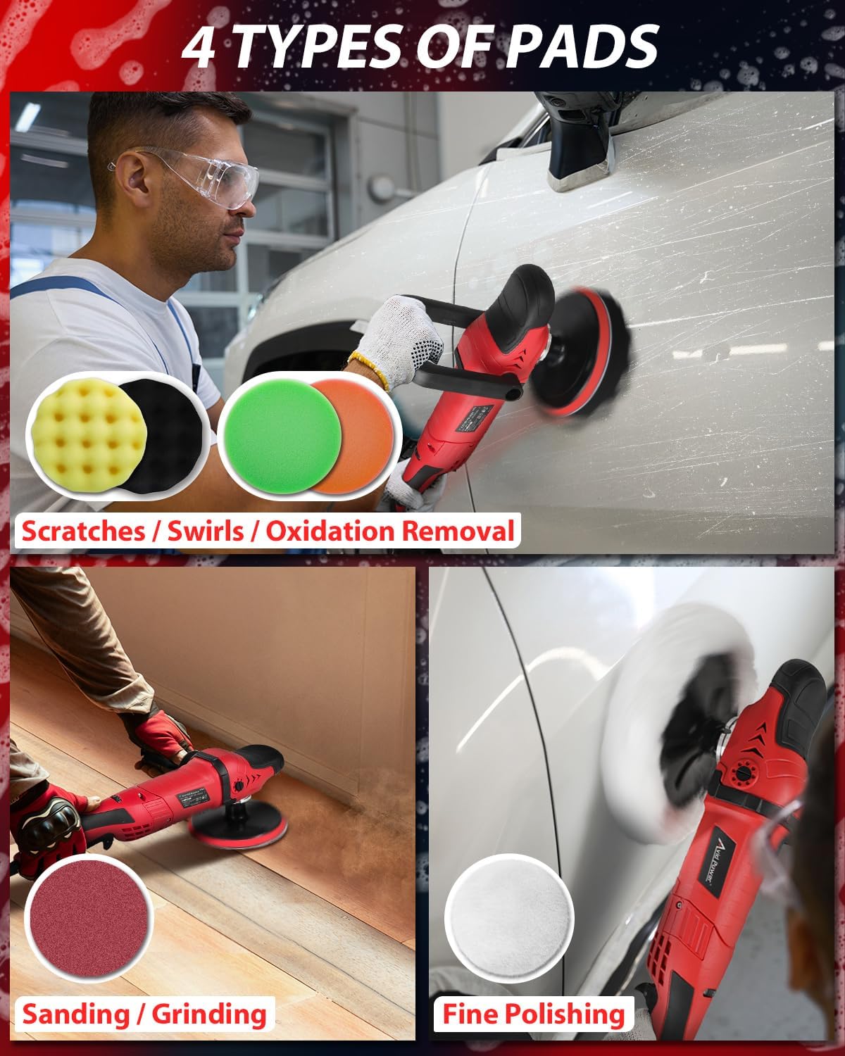 Detalle 2 de AVID POWER Car Buffer Polisher Rotary Waxer Kit (6 Variable Speed, 1000–3500 RPM) with 6-inch & 7-inch Backing Plates