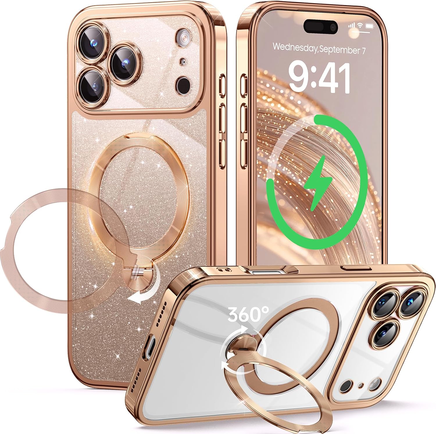 Detalle de 360° Spin CD Stand Phone Case for iPhone 17 Pro with MagSafe Ring (Never Yellow) — Desert Titanium