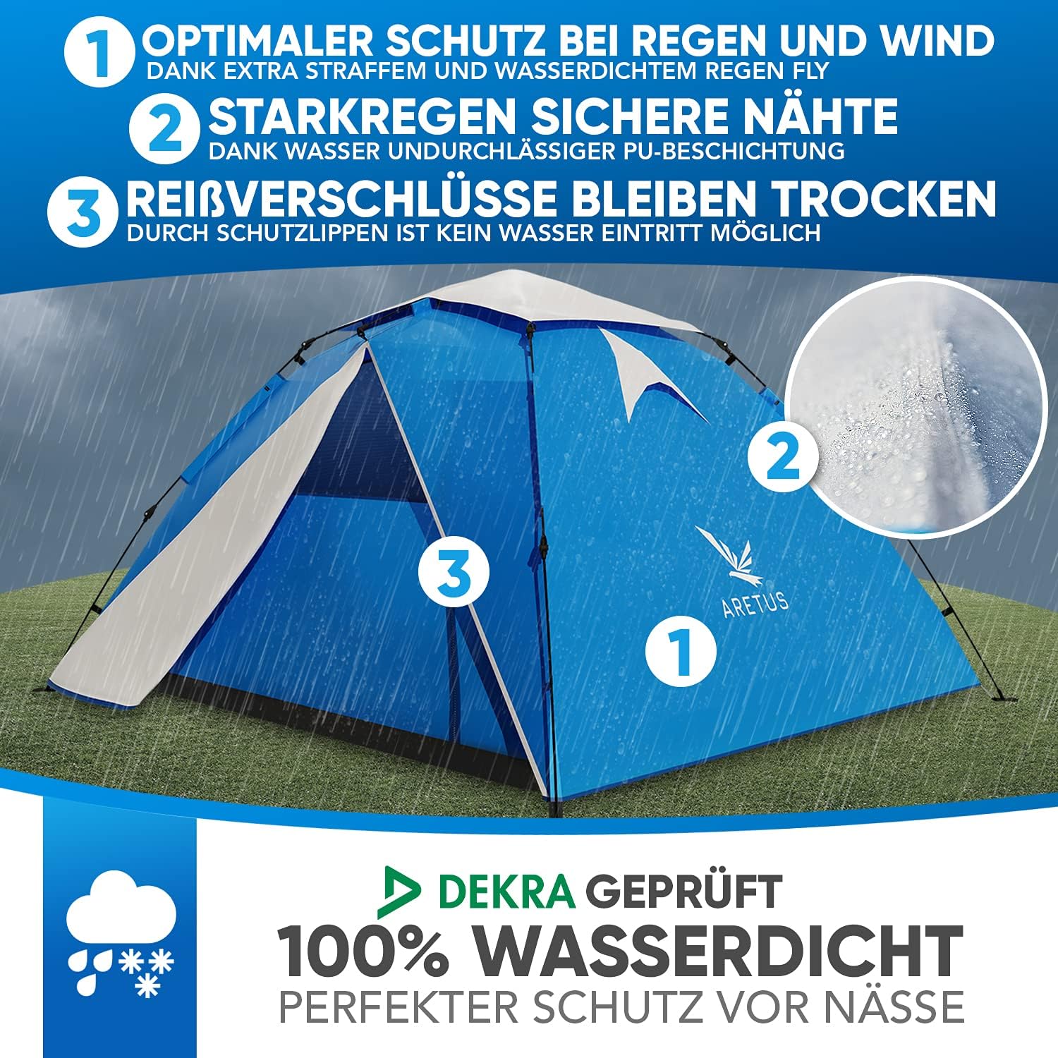 Detalle de Aretus Wurfzelt 2–4 Personen: extra wasserdicht, stabil und blitzschneller Aufbau