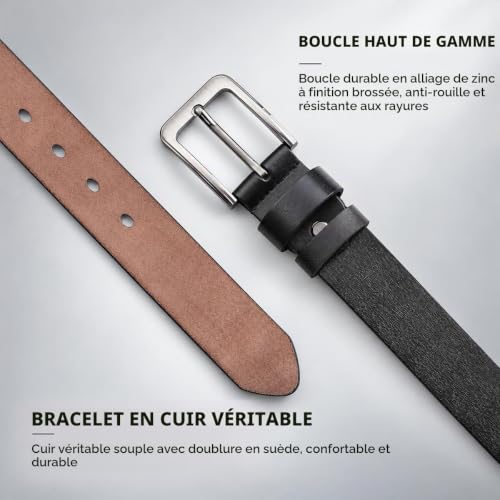 Thumbnail 2 de VRLEGEND Ceinture homme en cuir véritable noir, 3,8 cm, 110 cm