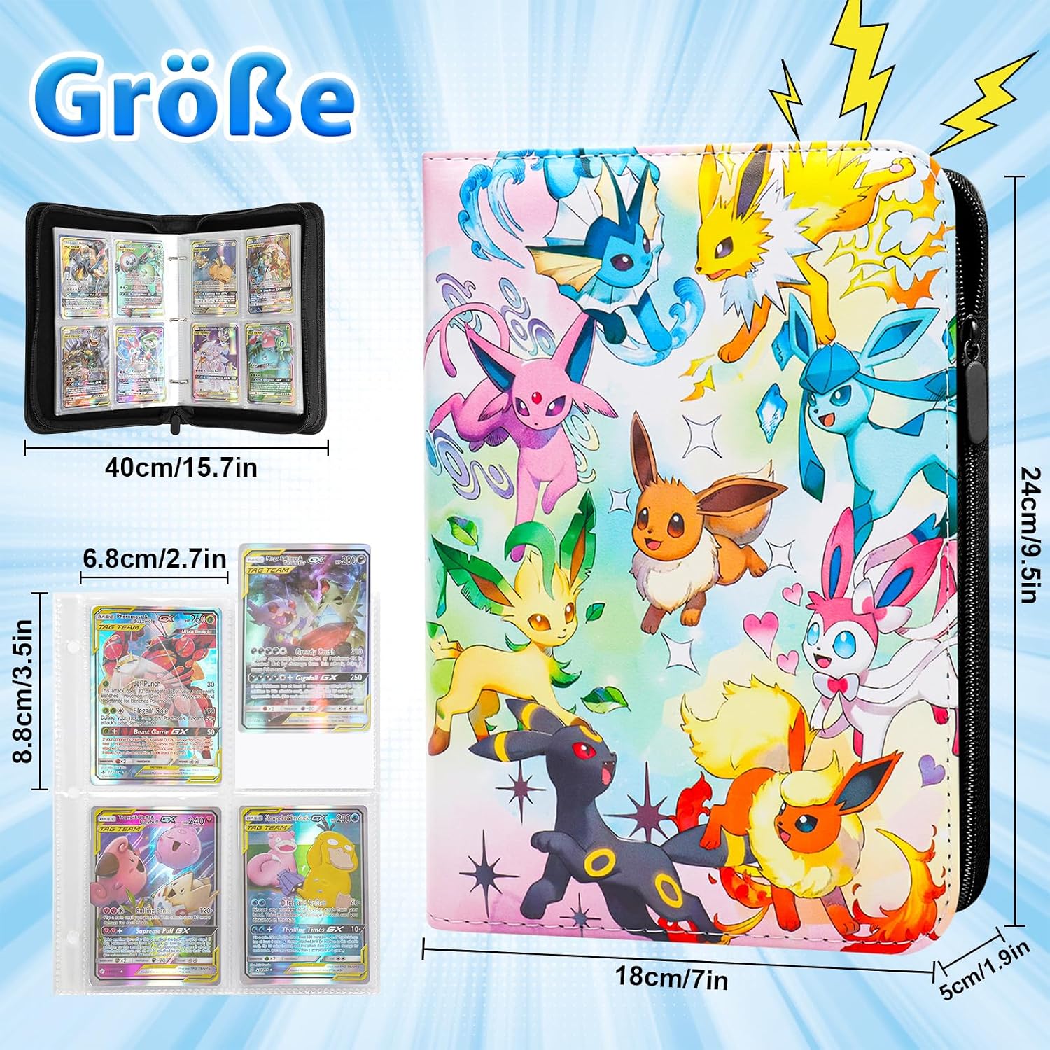 Detalle de Sammelalbum für Pokemon Karten (YB400) – 50 Seiten, 400 Karten Kapazität, PU‑Material, wasserdicht, inkl. Reißverschluss und Handschlaufe