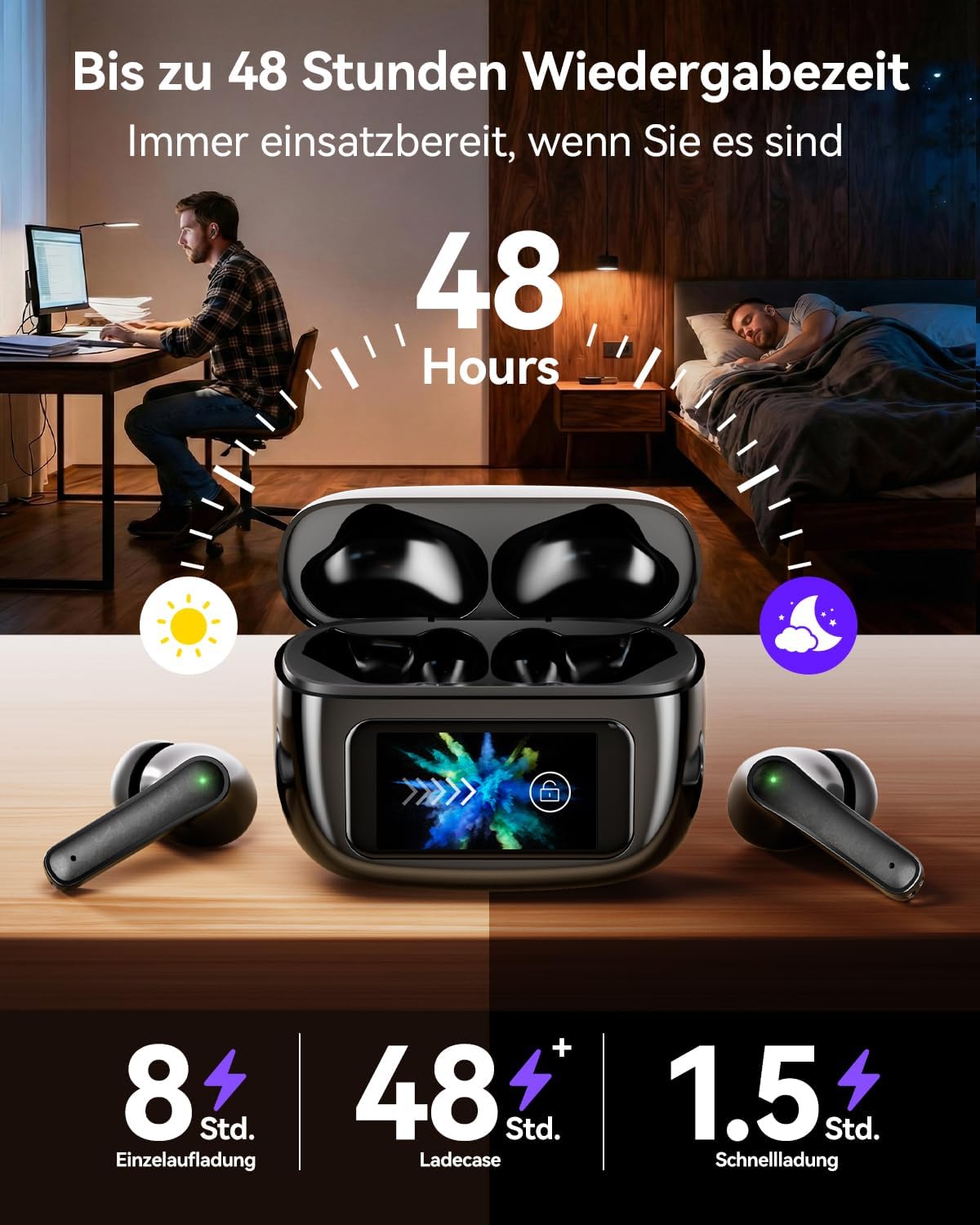 Thumbnail 4 de Kabellose In-Ear Bluetooth-Kopfhörer mit ANC, Touch-LED-Display im Ladecase & Bluetooth 5.4 (schwarz)