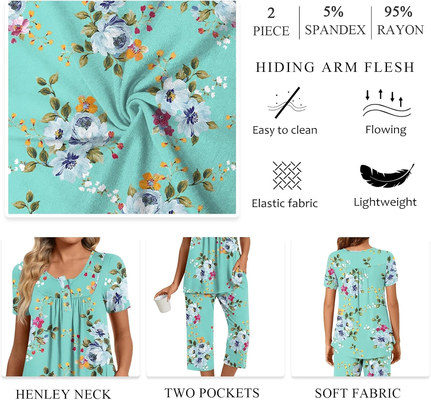 Detalle de COFNEW Women’s Summer Pajama Sets (2-Piece) Short Sleeve Top & Capri Pants with Pockets (Plus Sizes)