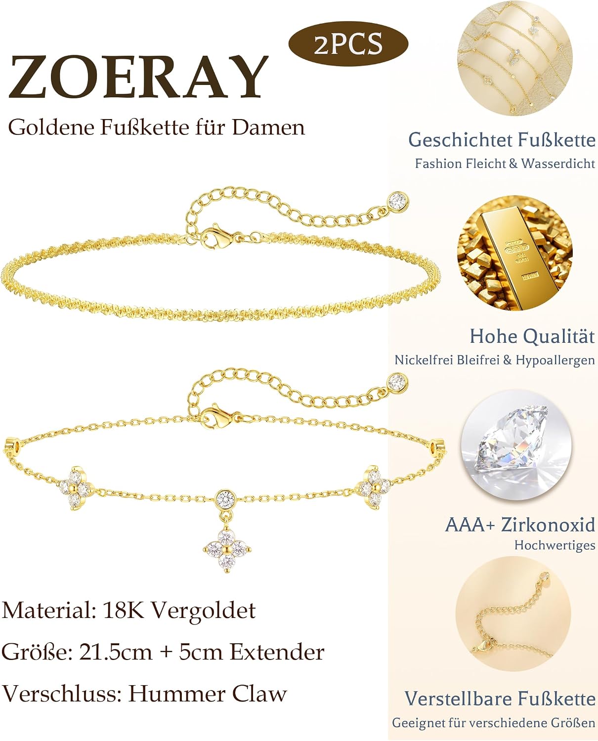 Detalle de ZOERAY Fußkettchen Damen Silber 925 / Gold – Verstellbare, wasserfeste Sommer-Fußkette mit Charms