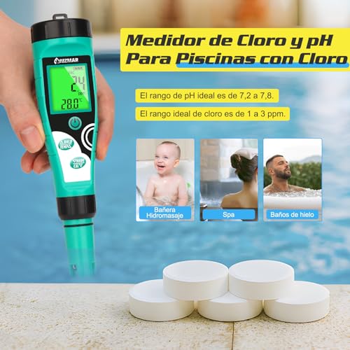 Thumbnail 2 de UIUZMAR Medidor 7 en 1 para Piscinas: pH, Cloro, Salinidad, ORP, TDS, EC y Temp con Soluciones de Calibración