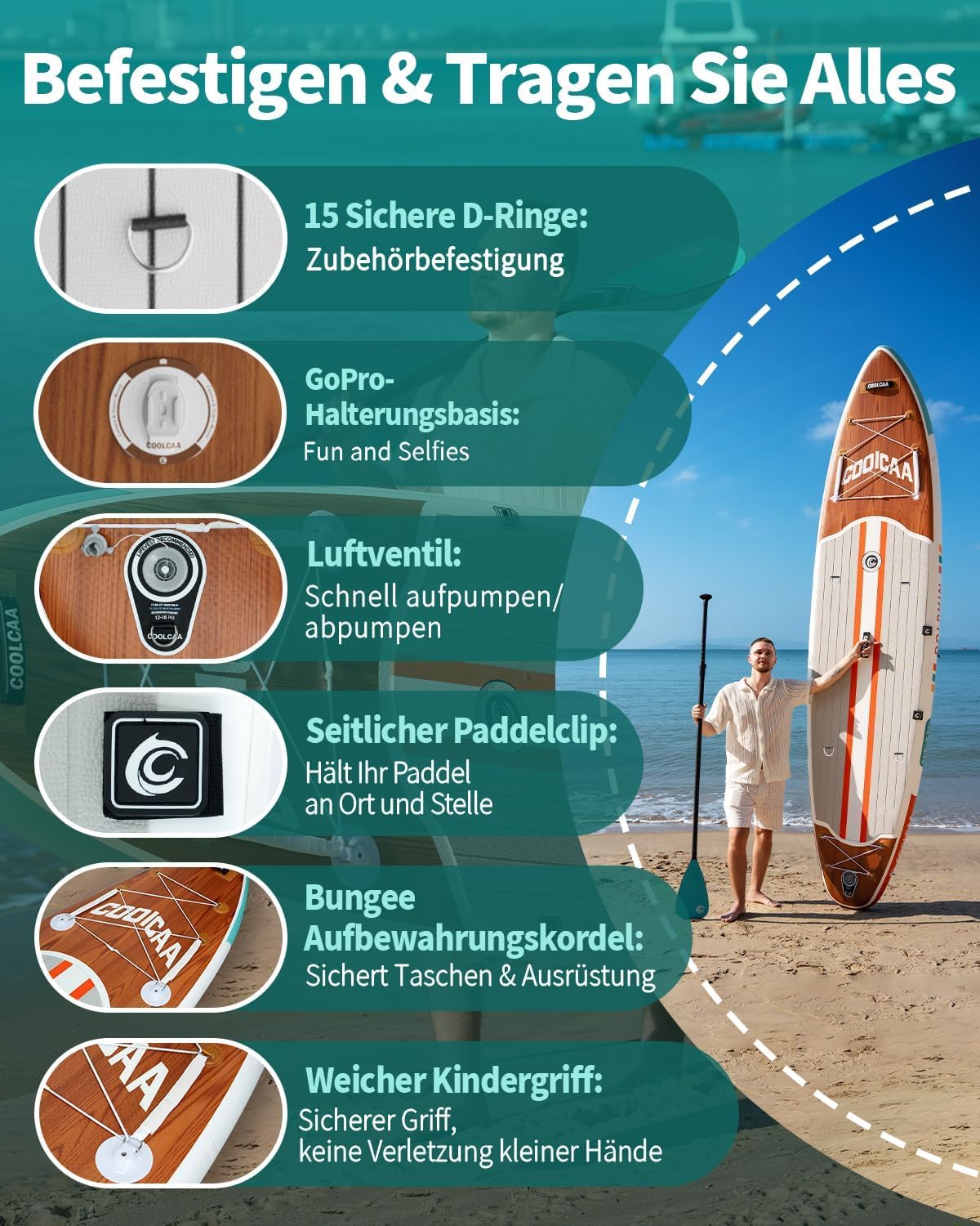 Detalle de COOLCAA SUP Board 355 cm – Extra Großes aufblasbares Stand-Up Paddle Board Set