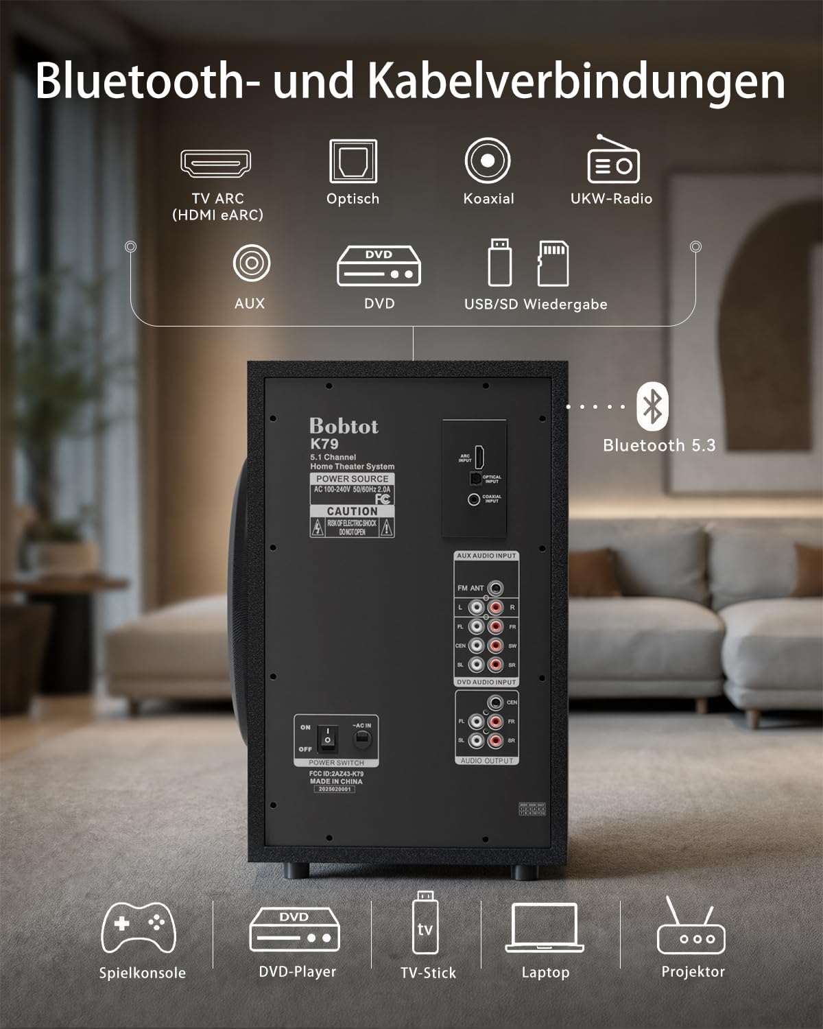 Thumbnail 4 de 1000-W Surround-System mit 8-Zoll-Subwoofer – 5.1 Heimkino Sound