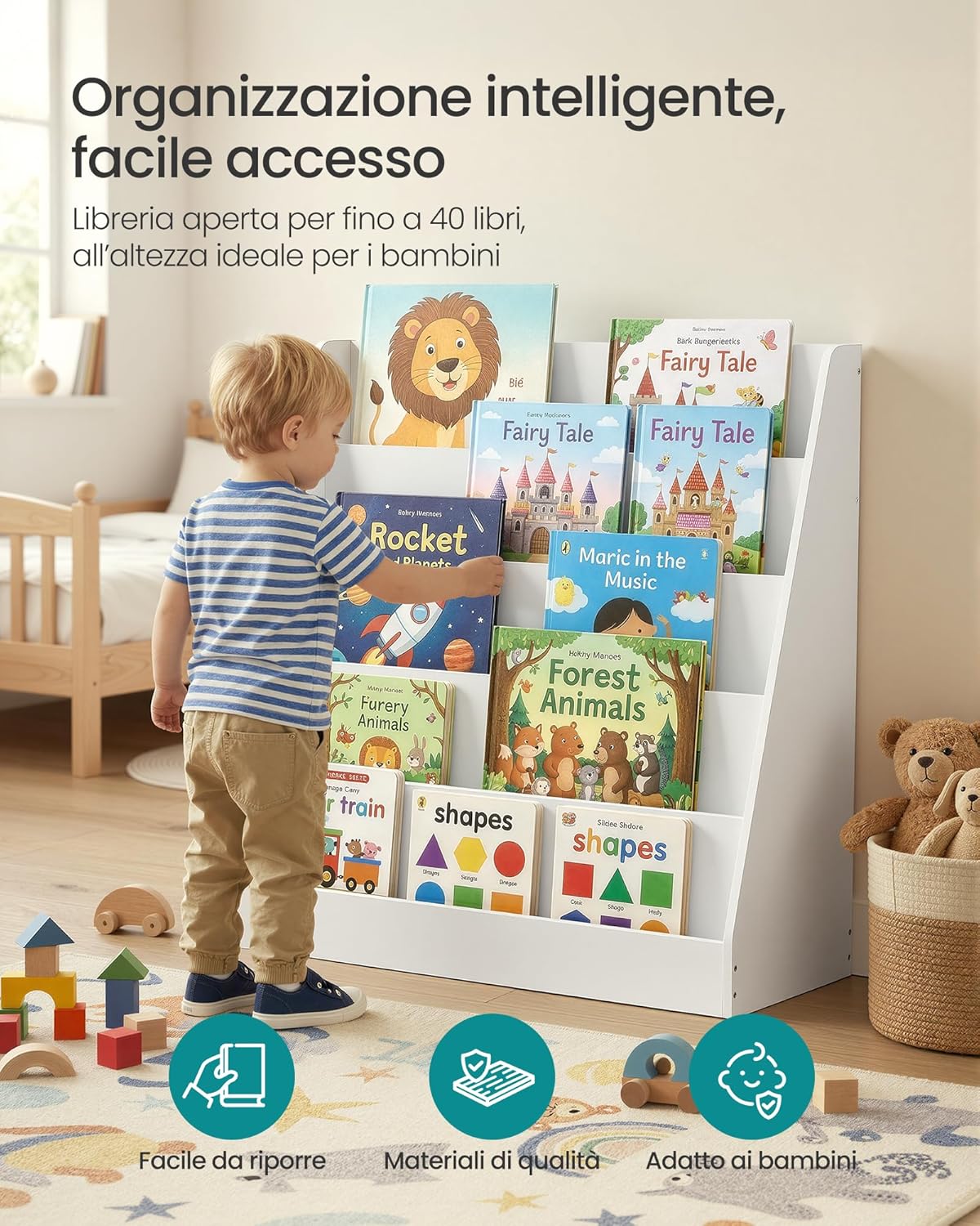 Detalle 2 de Libreria per bambini SONGMICS Montessoriana a 5 ripiani, bianco nuvola GKR076WZ01