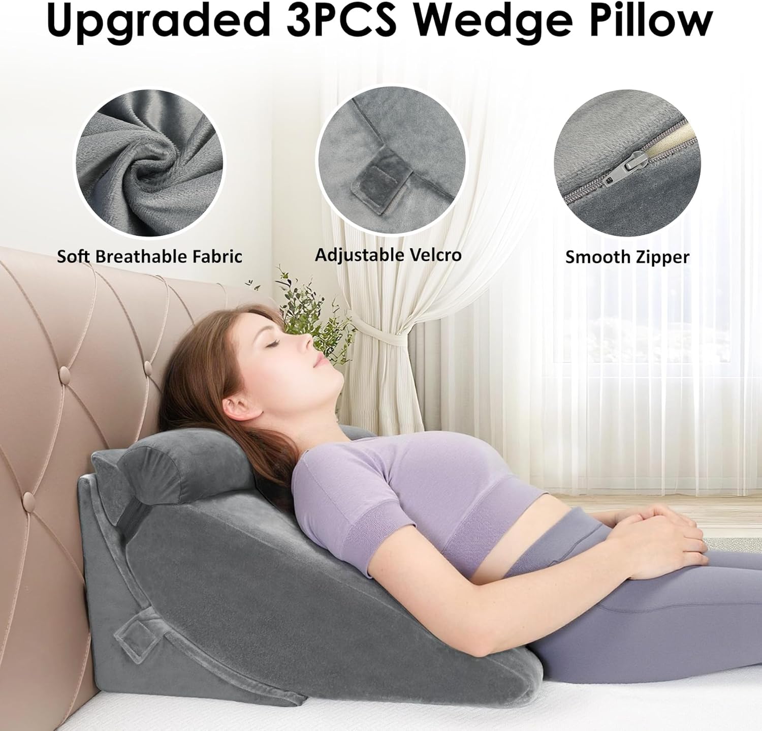 Detalle de WENRENER Bed Wedge Pillow for Sleeping: Adjustable 3-Piece Foam Wedge Set (Dark Gray)