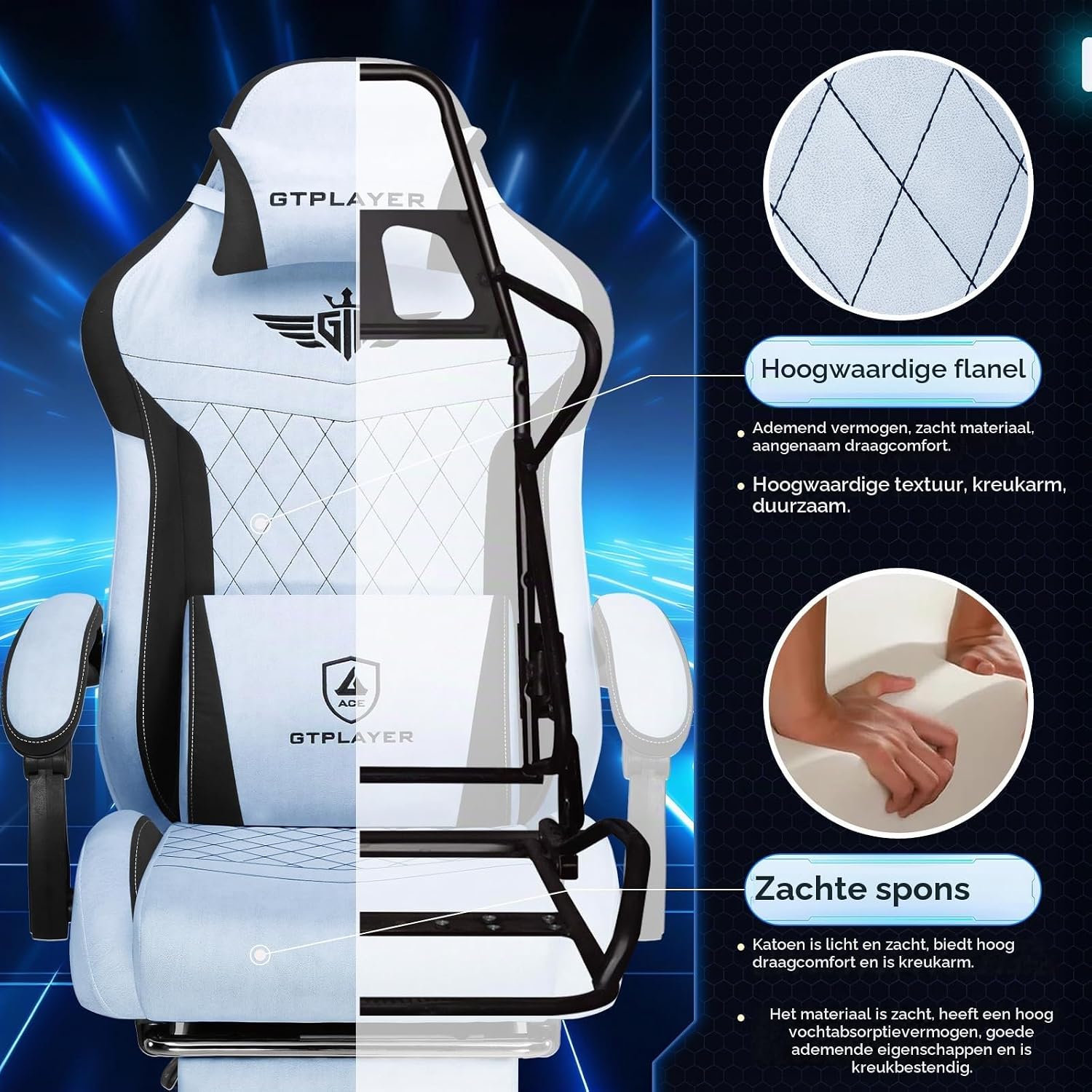 Thumbnail 6 de GTPLAYER GT832 gamingstoel met fluwelen bekleding, lendensteun en voetensteun