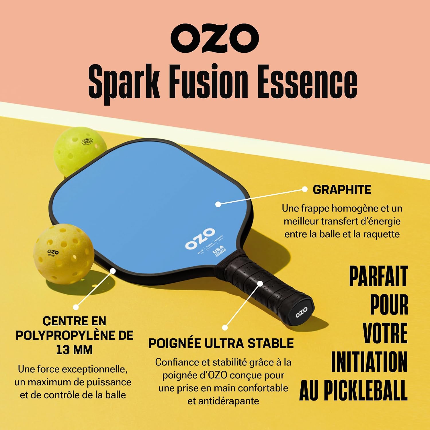 Detalle de OZO Pickleball Spark Fusion Essence – Raquette hybride débutant en Graphite, USAPA approuvée