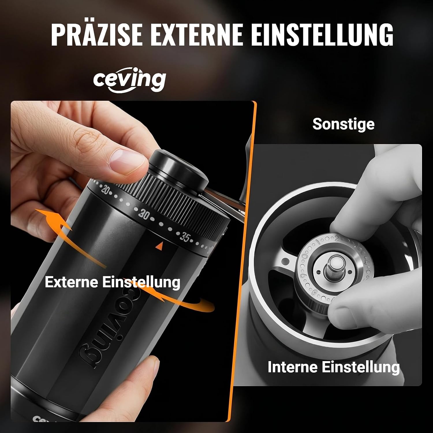 Detalle 2 de CEVING Weltweit Erster Manueller Kaffeemahlwerk mit 60 g Kapazität – Keramik-Kegelmahlwerk, 40 Stufen, tragbar