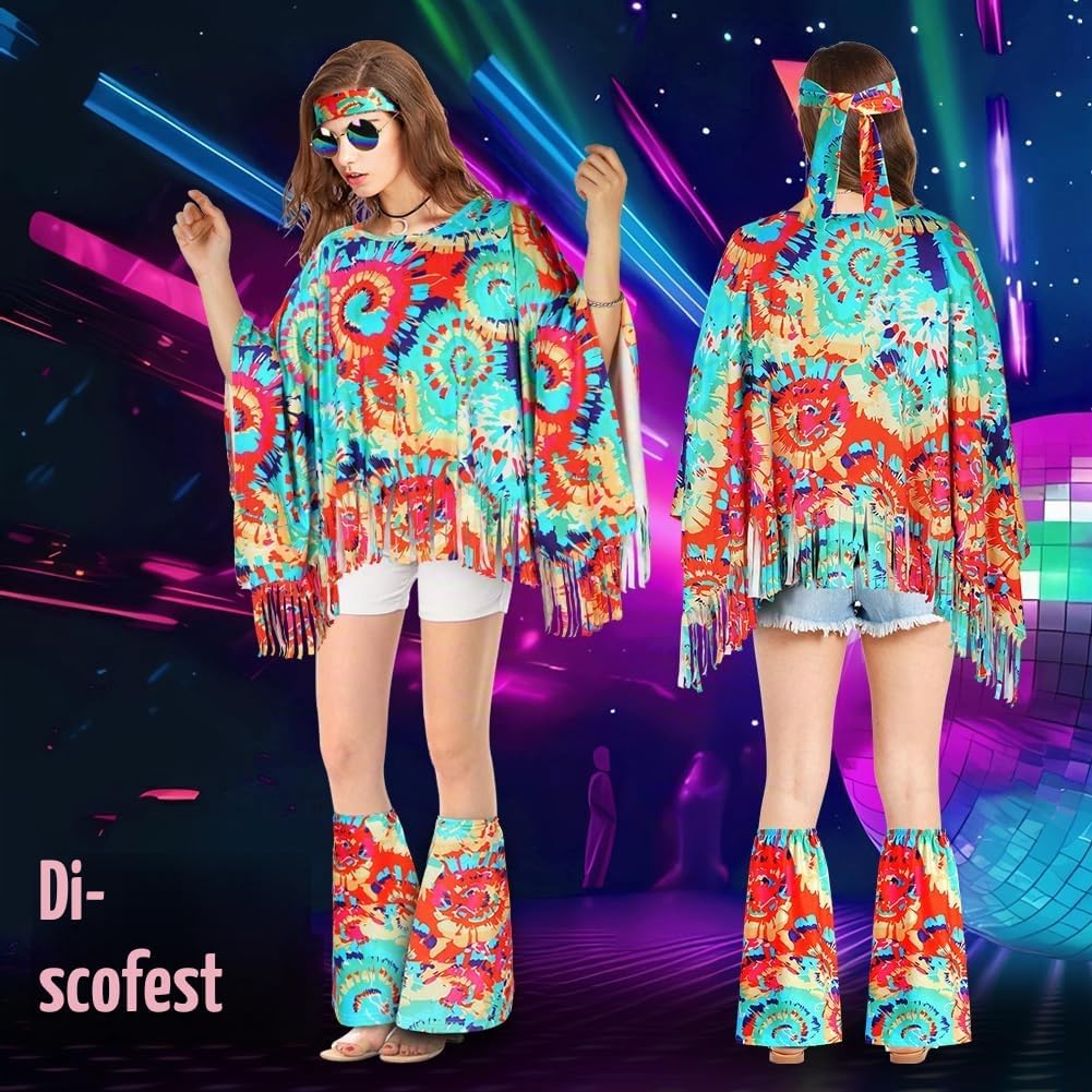 Detalle 2 de AOOWU hippiekostym för dam med 10 delar i 70-talsstil