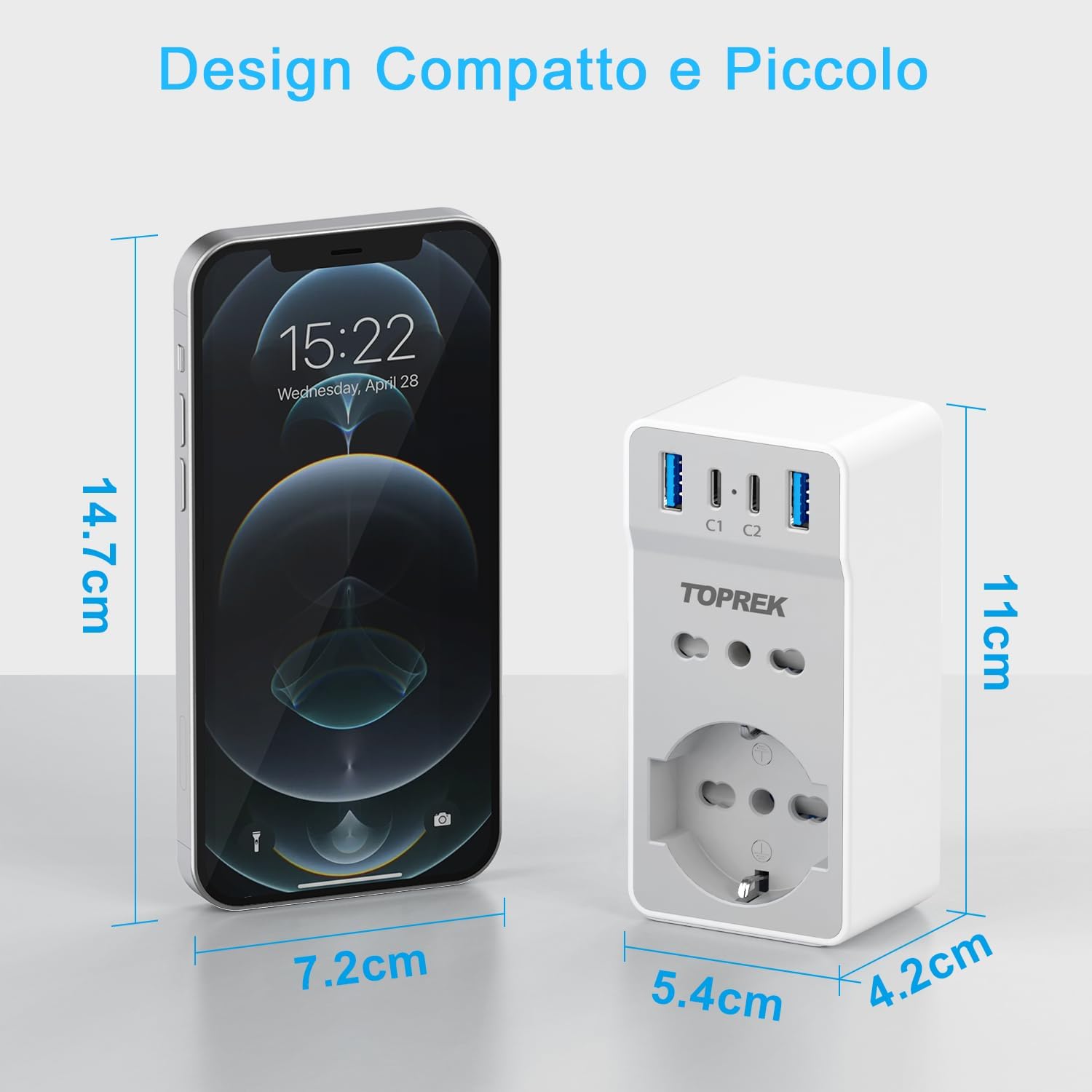 Thumbnail 2 de TOPREK Presa Multipla USB Salvaspazio 6 in 1 con Spina Italiana – 4000W/16A, 1 Schuko, 1 IT, 2 Type-C, 2 Type-A (Bianco)