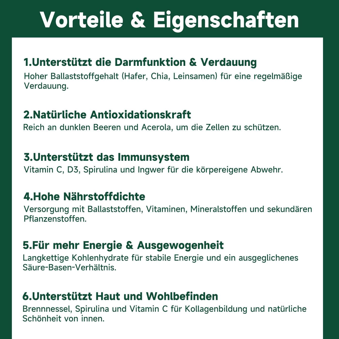 Thumbnail 6 de Grüne Entgiftungspulver, 210 g – Grünes Superfood Pulver mit 24 Nährstoffquellen, Vitamin C & D3