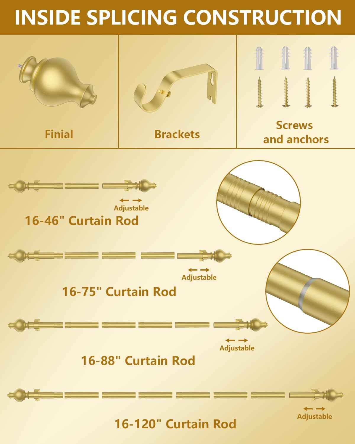 Detalle de Jialexin Wall-Mounted Curtain Rod Set, Gold Metal Rod with 17-Inch Adjustable Section
