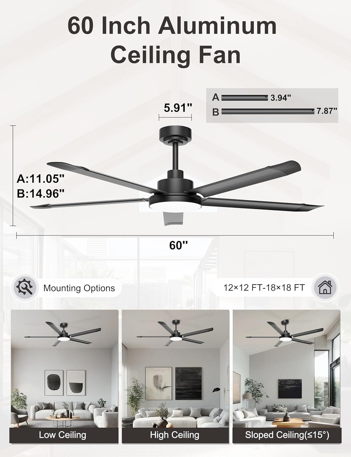 Thumbnail 3 de Ohniyou 60'' Ceiling Fan with Lights — Industrial 5-Blade, Black, App & Remote Control