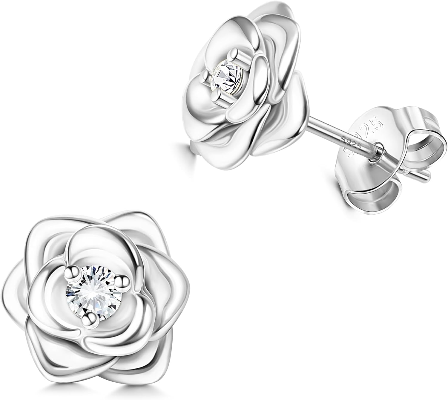 Detalle de JeweBella kleine Rosen-Ohrstecker aus Silber 925 mit 5A+ Zirkonia – hypoallergen für Damen & Mädchen