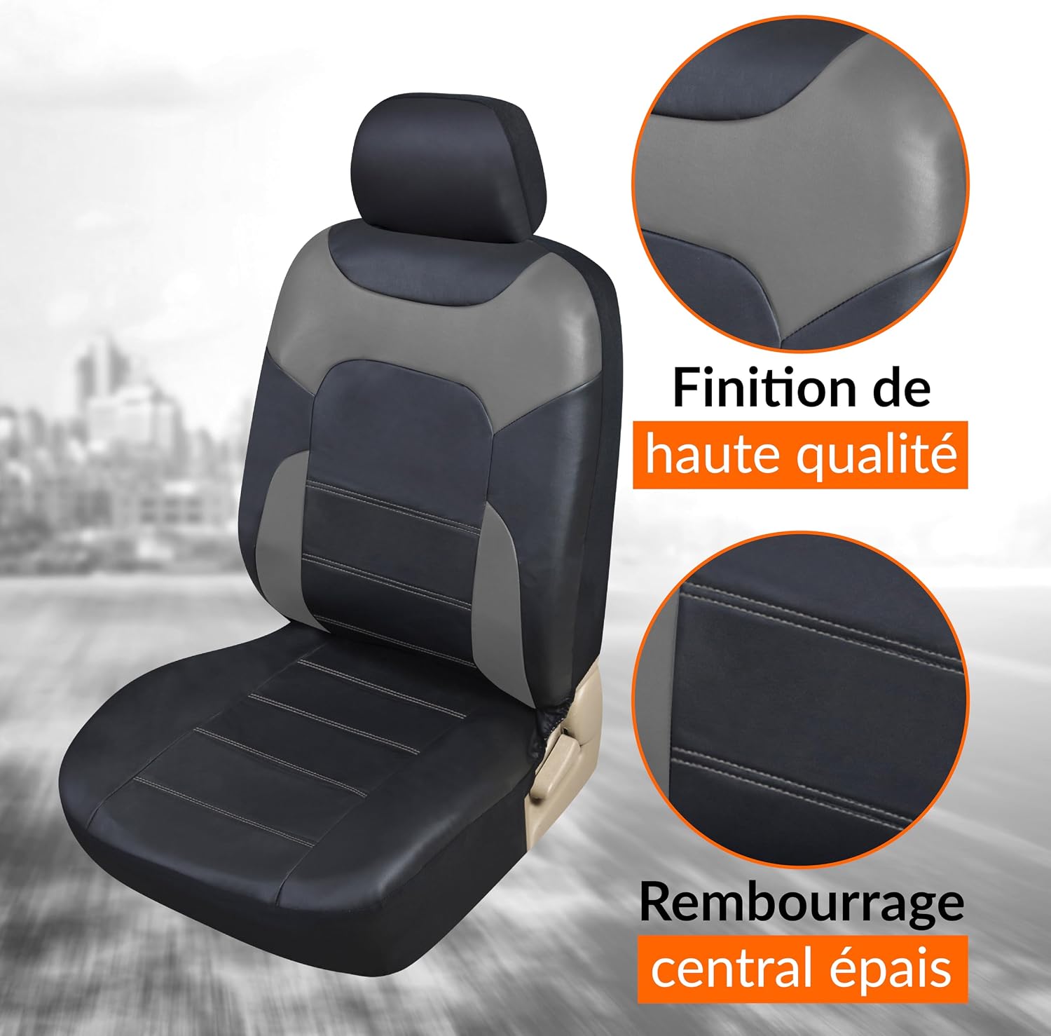 Detalle de Upgrade4cars Housses de Sièges Auto Universelles Simili Cuir Gris – Ensemble Complet Avant et Arrière, Toutes Saisons