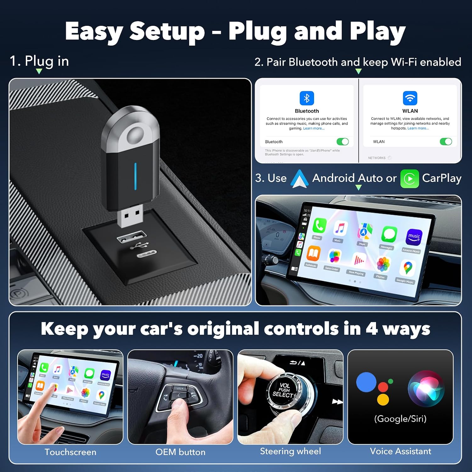 Thumbnail 5 de LAMTTO 2 in 1 Adattatore CarPlay/Android Auto Wireless: Plug & Play, 5.3 Bluetooth e Wi‑Fi 5.8 GHz