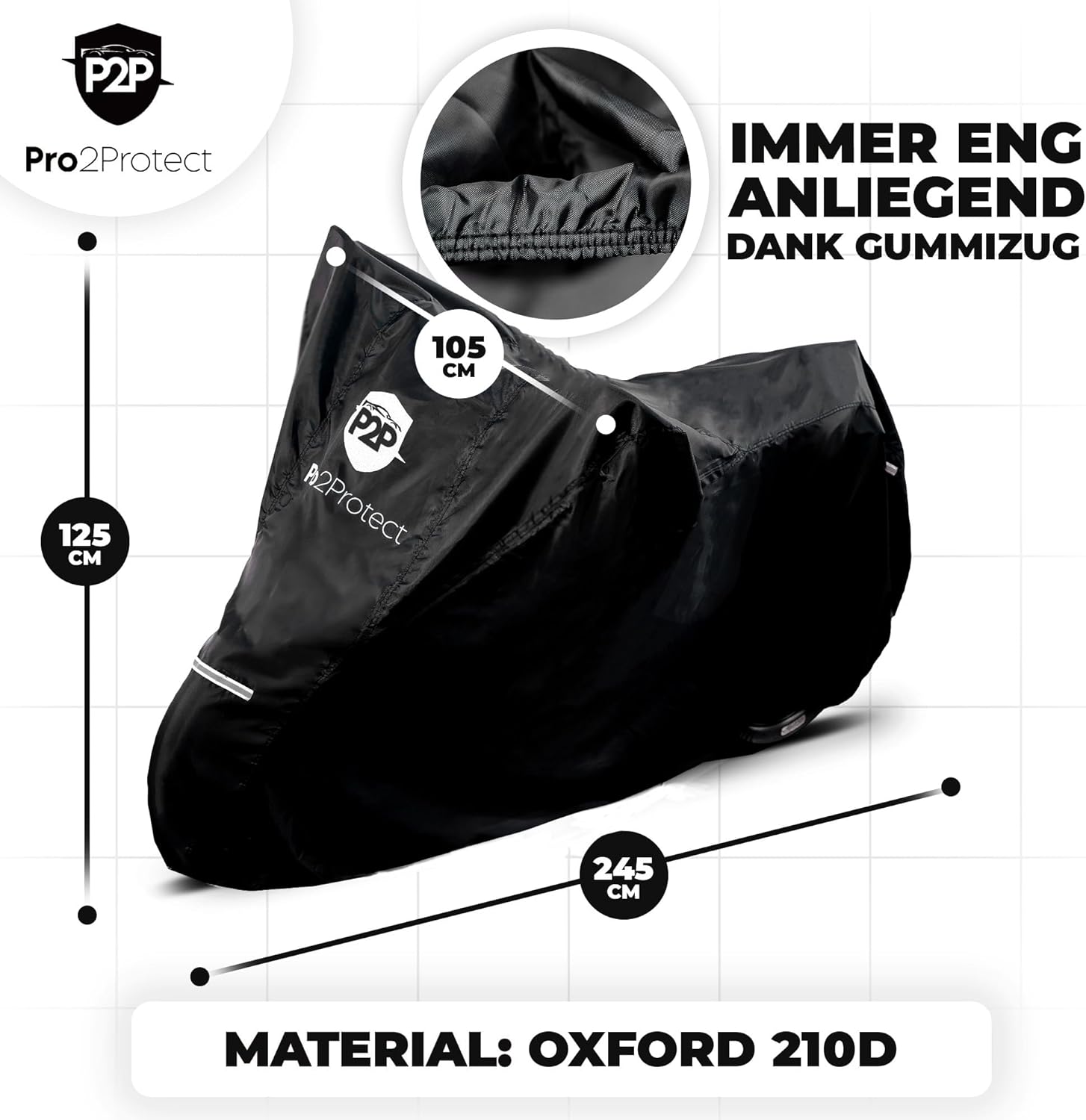 Thumbnail 5 de Pro2Protect Motorrad Abdeckplane – 245x105x125 cm, wasserdicht, Oxford Material, Reflektorstreifen, Universalpassform