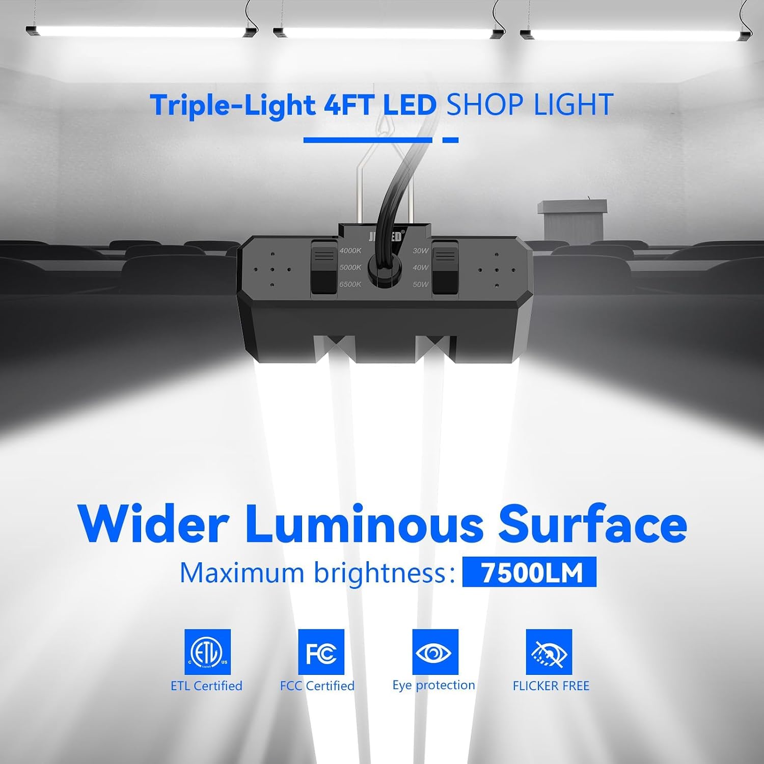 Detalle de JESLED 4FT LED Shop Light, 30W–50W Selectable, 3CCT, 7,500 lm