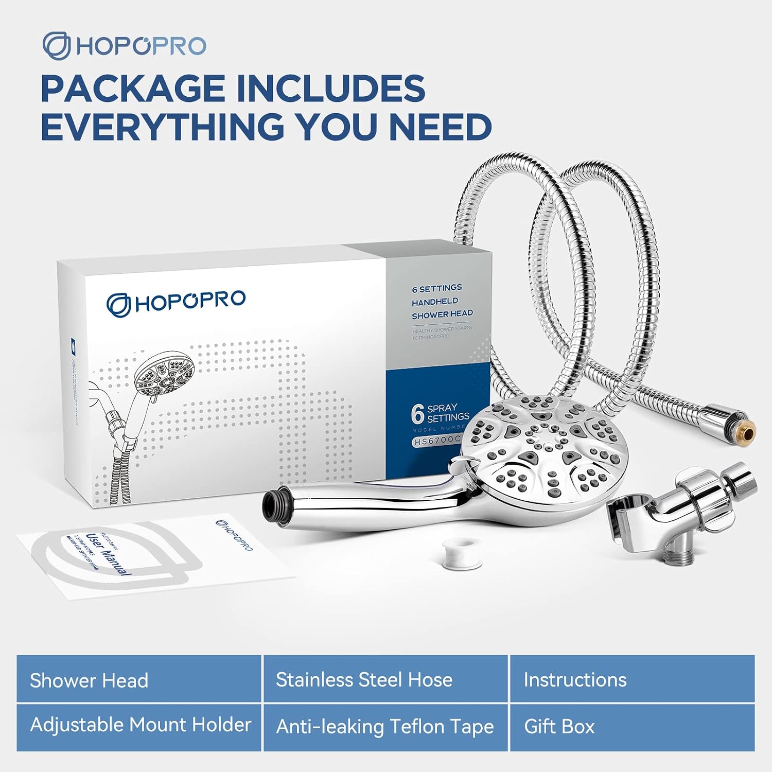 Thumbnail 6 de HOPOPRO HS6700CP Handheld Showerhead Set, 6 Spray Modes, Chrome Finish