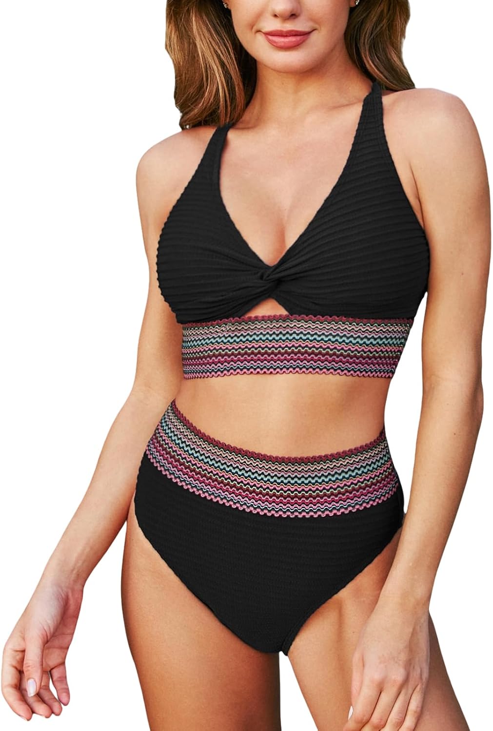 Thumbnail 6 de CUPSHE Ensemble bikini deux pièces pour femme – Taille haute, col en V et trou de serrure