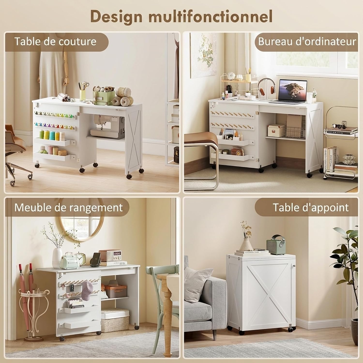 Detalle 1 de HOMCOM L10-005V80WT opvouwbare naaitafel met wielen, opbergruimte en wit blad