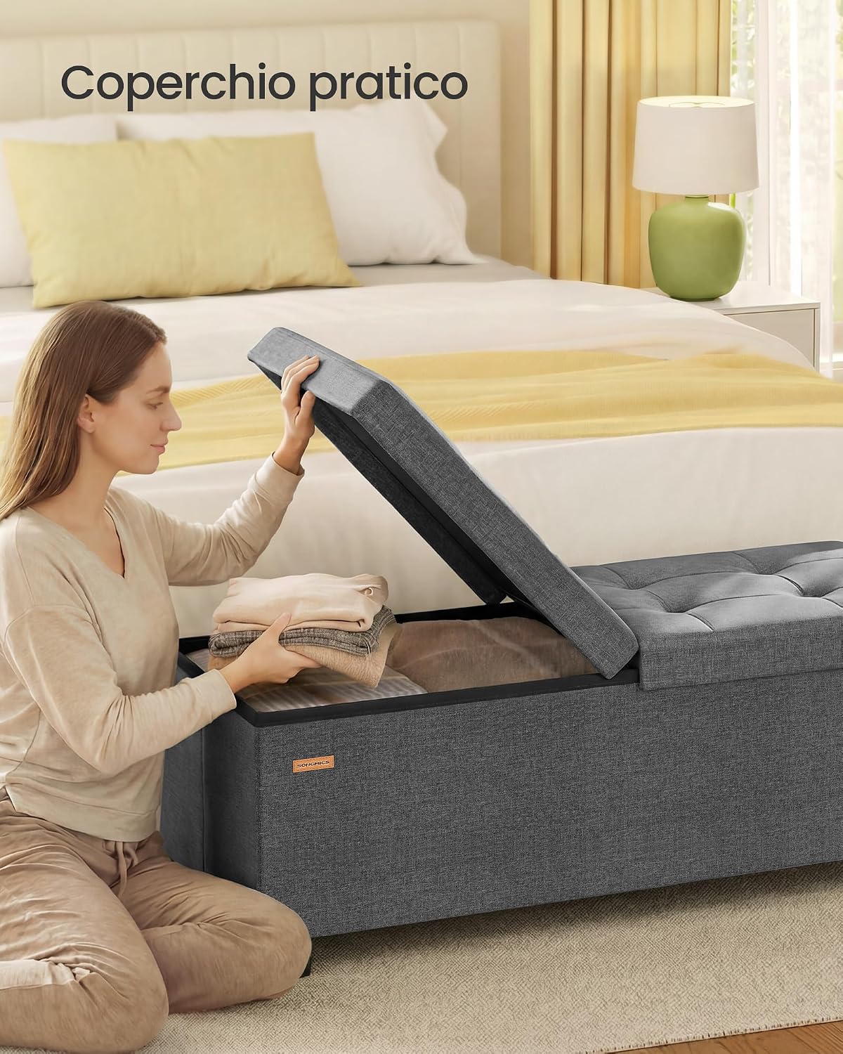 Thumbnail 6 de SONGMICS Cassapanca con Gambe LSF079GN01 – Pouf Contenitore in Tessuto effetto lino, 110 cm, Grigio Ardesia