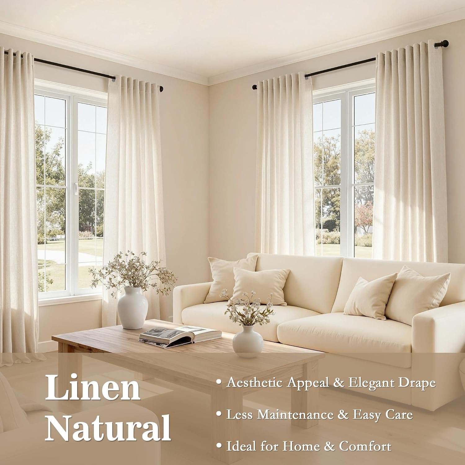 Thumbnail 3 de Leinen-Gardinen mit Ösen (2er-Set) Beige Natur – blickdicht, lichtdurchlässig für Wohnzimmer & Schlafzimmer