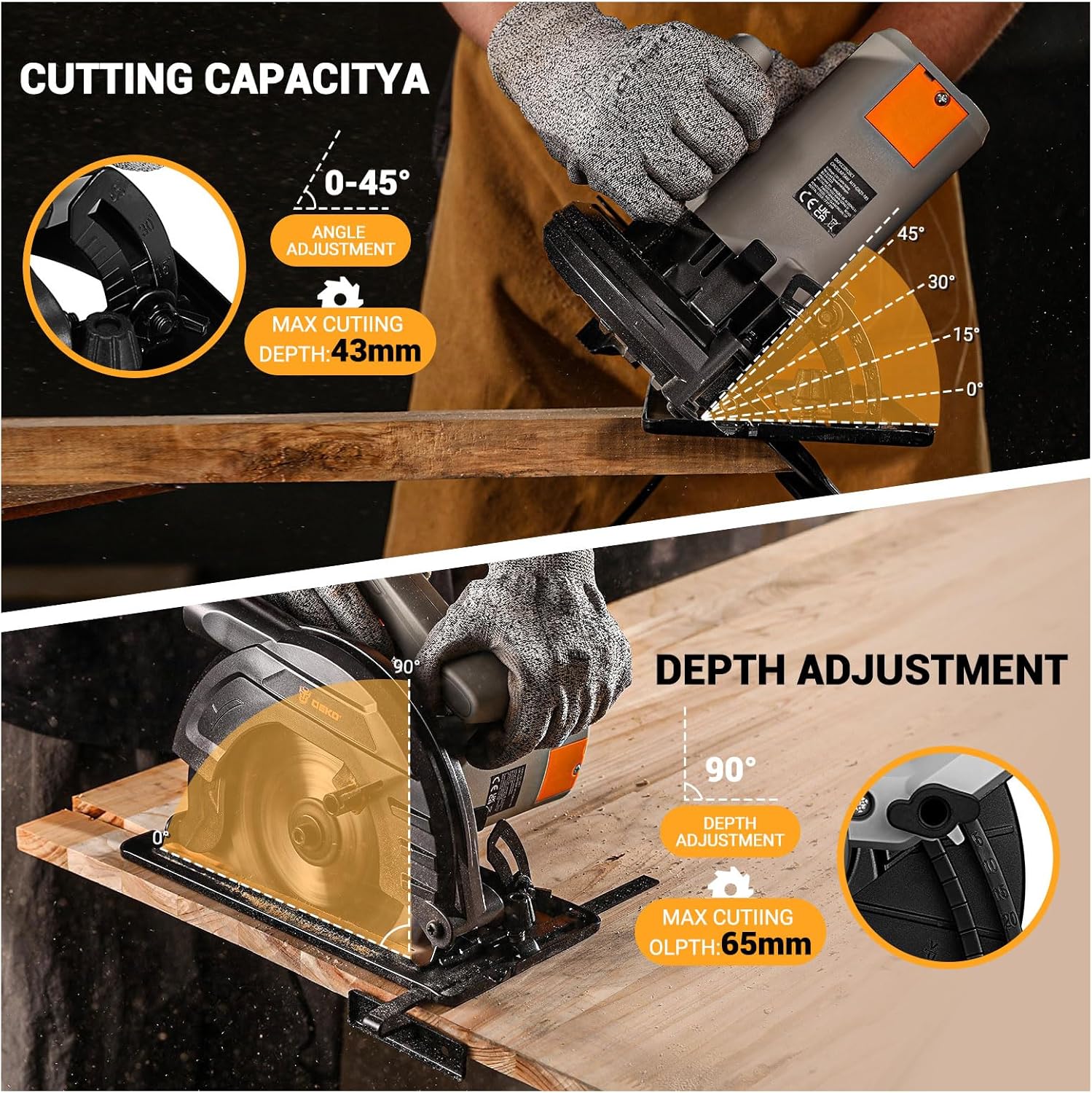 Detalle de Sega circolare per legno DEKOPRO 1200W con guida, lama Ø185 mm e profondità 65 mm