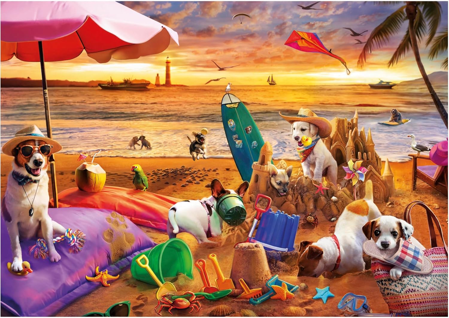 Thumbnail 1 de Educa Puzzle 1000 pièces adultes « Chiens jouant sur la plage » (68 x 48 cm) dès 14 ans