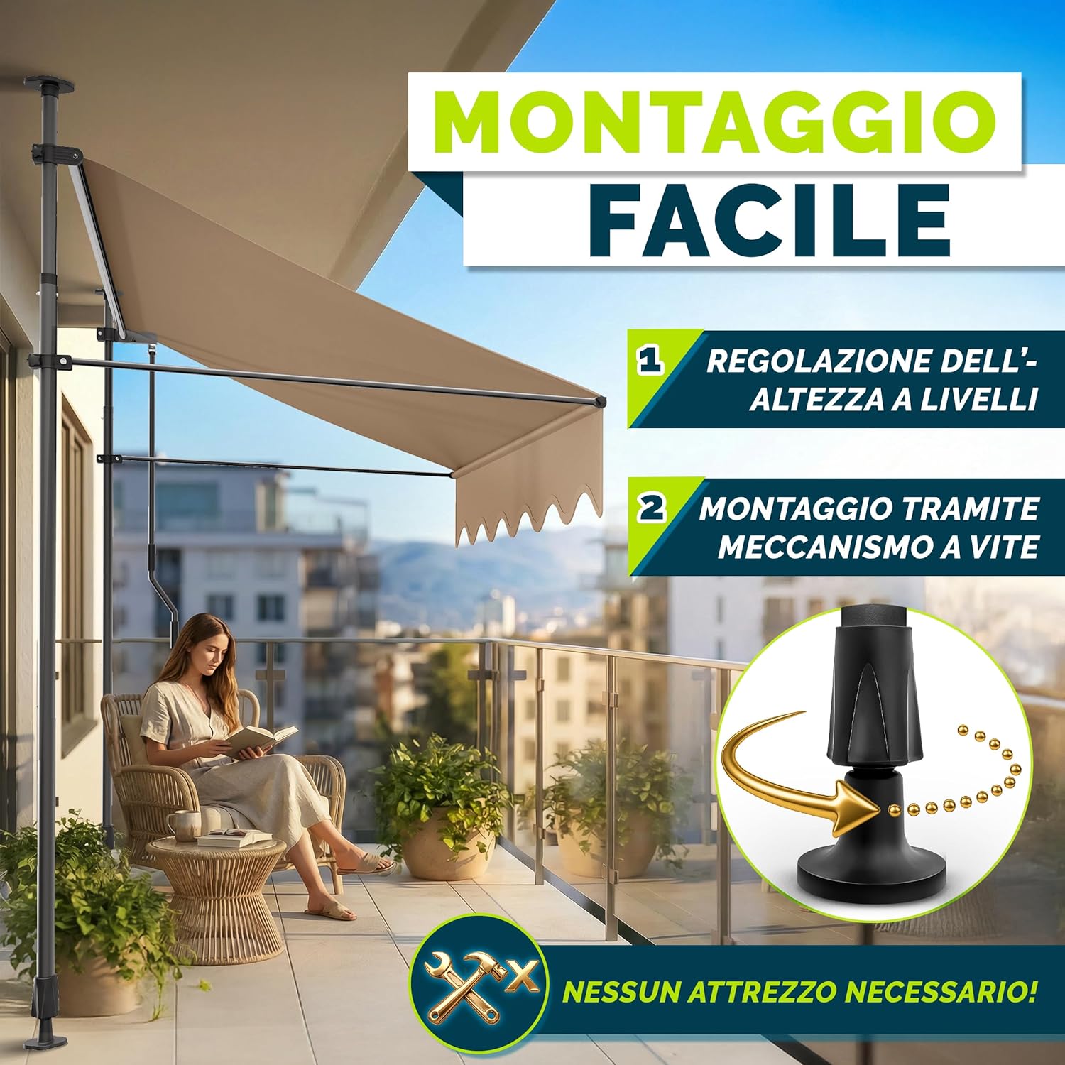 Thumbnail 2 de Tillvex Tenda da Sole a Bracci con Manovella 150 cm – Protezione per Balcone, Taupe, Altezza Regolabile