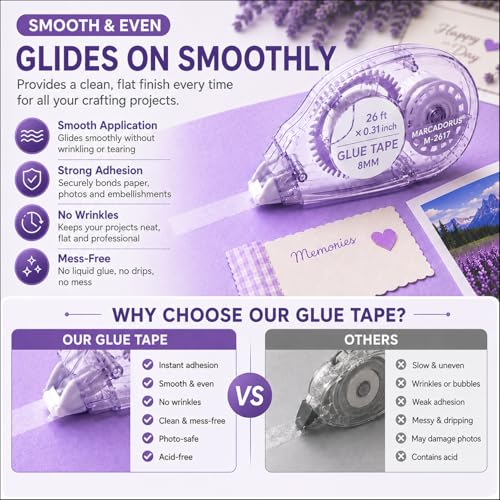 Detalle de MARCADORUS Glue Tape Roller for Scrapbooking – Double-Sided Adhesive, 106 Ft