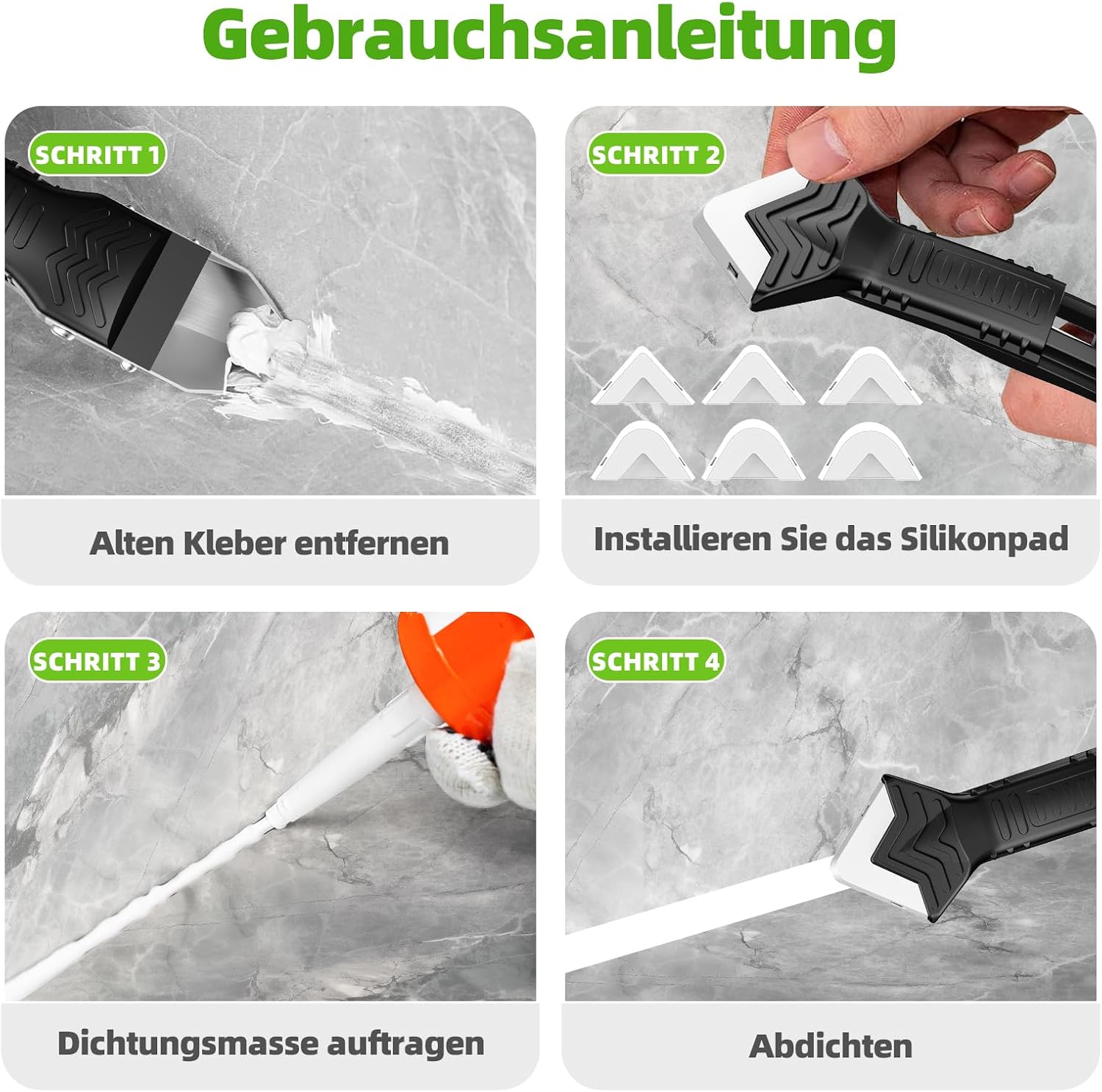 Detalle 2 de Silikonentferner/Silikon-Abzieher Werkzeug-Set 5-in-1 (5-teiliges Set) mit austauschbaren Silikonpads (Weiß)