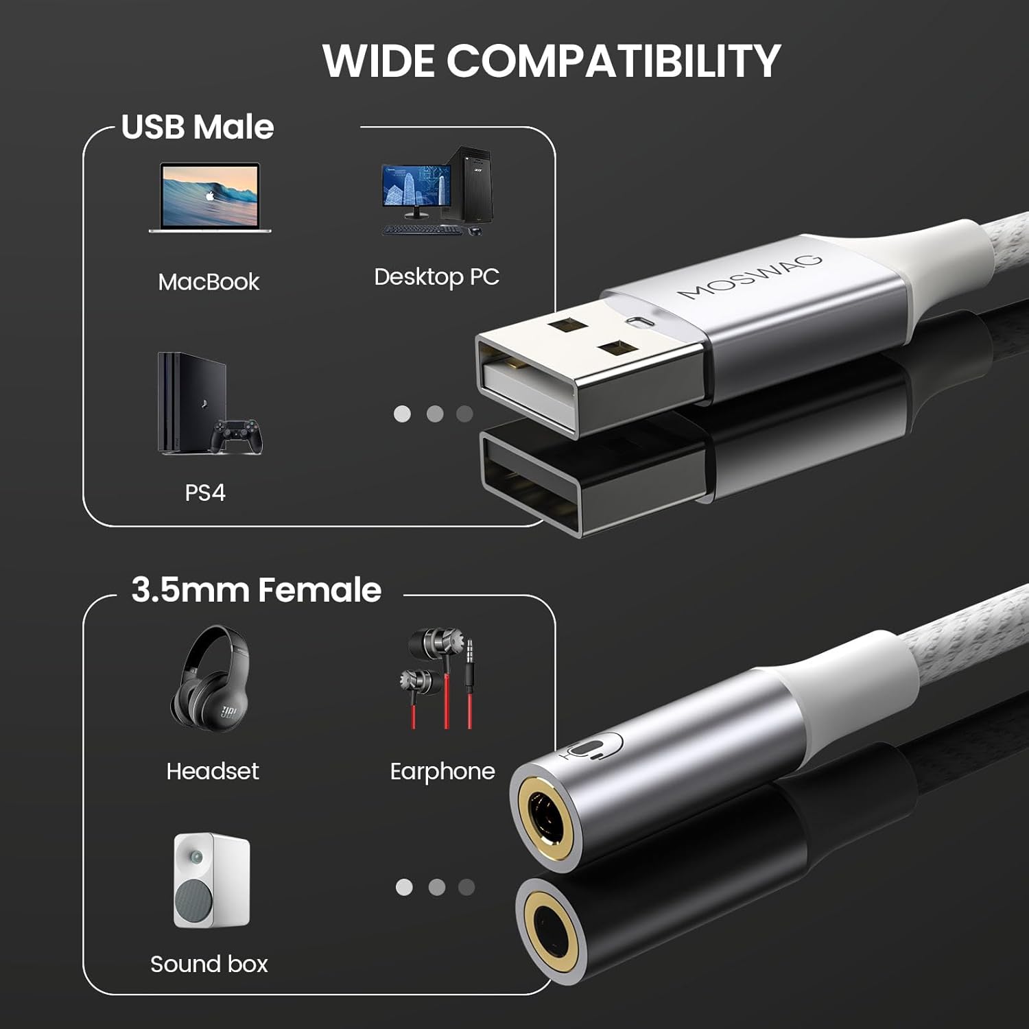 Thumbnail 1 de MOSWAG USB-zu-3,5-mm-Klinke-Audioadapter (2er-Set) mit Mikrofon-Anschluss für PC, PS4/PS5 & mehr