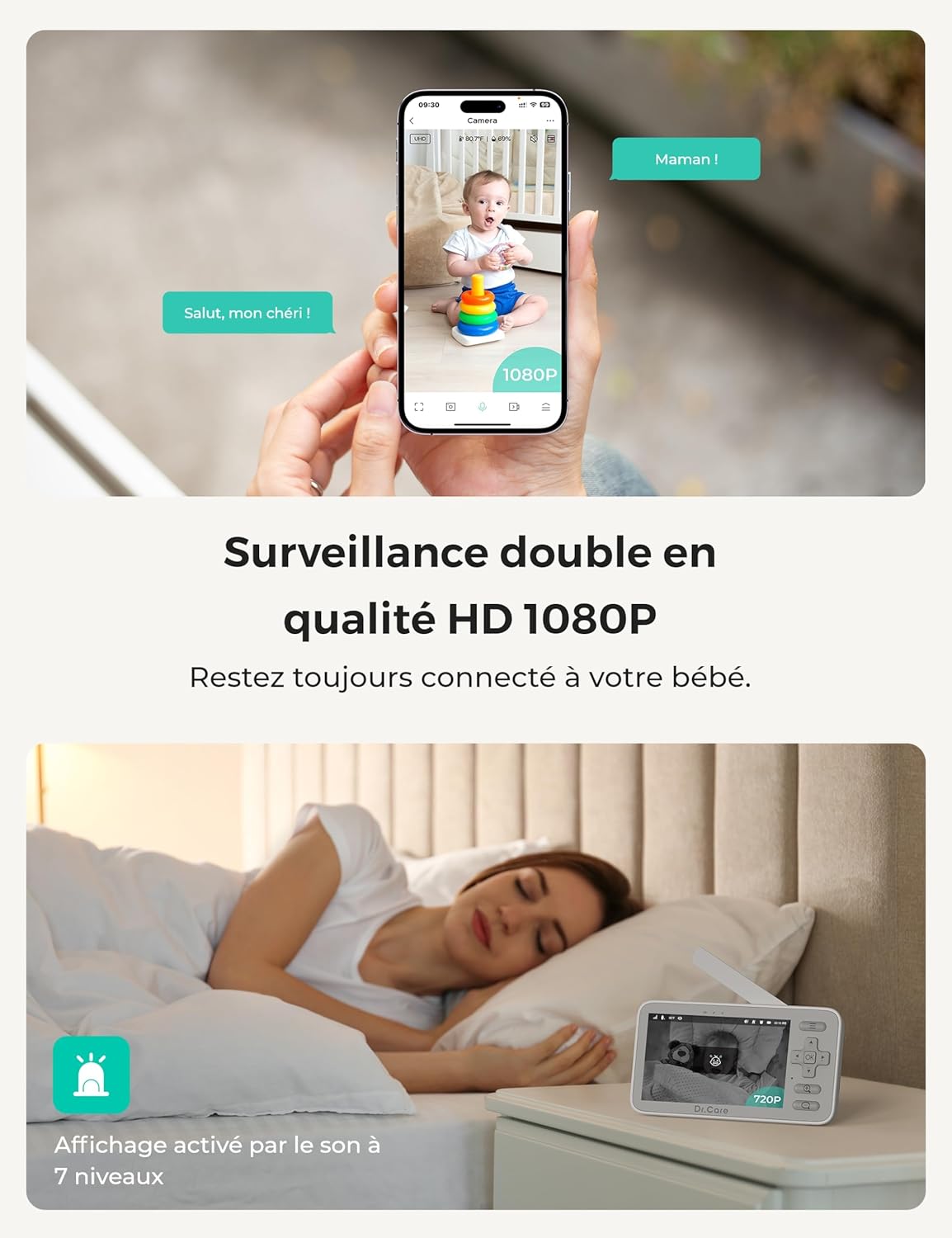 Thumbnail 2 de Dr.Care Babyphone avec application téléphone, WiFi, écran 4“ et 2 caméras (1080P/écran divisé 720P)