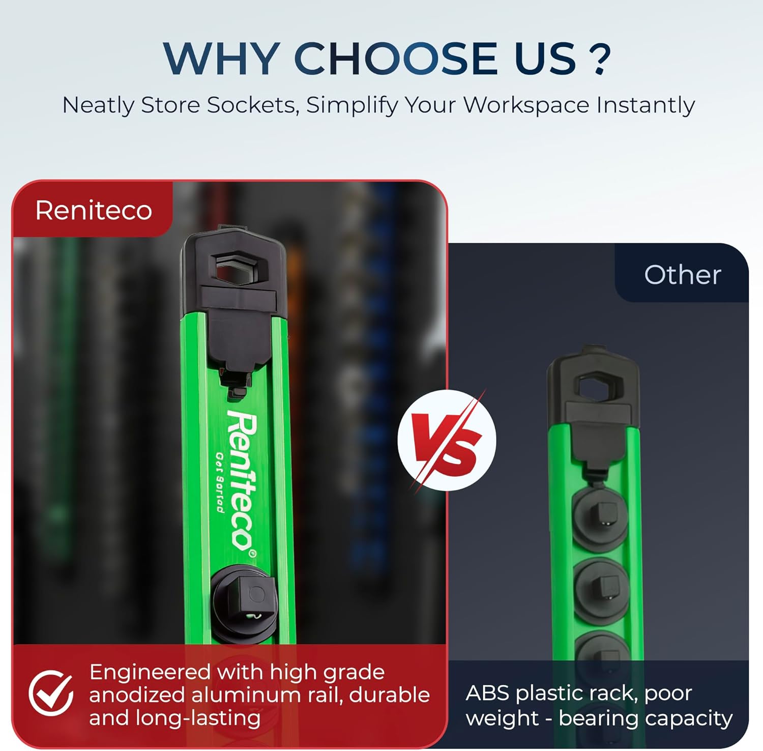 Thumbnail 2 de Reniteco Magnetic Socket Organizer Set (3PC) with 1/2-Inch Drive Aluminum Rail, 360° Swivel Holders