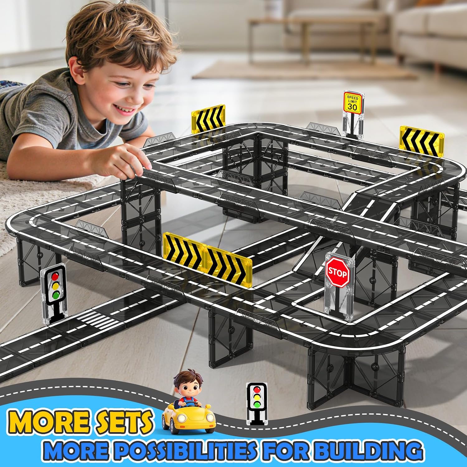 Detalle 2 de IGIVI Magnetic Tiles Road & Rail Clamp Pack with Road Pieces and Bridge Supports