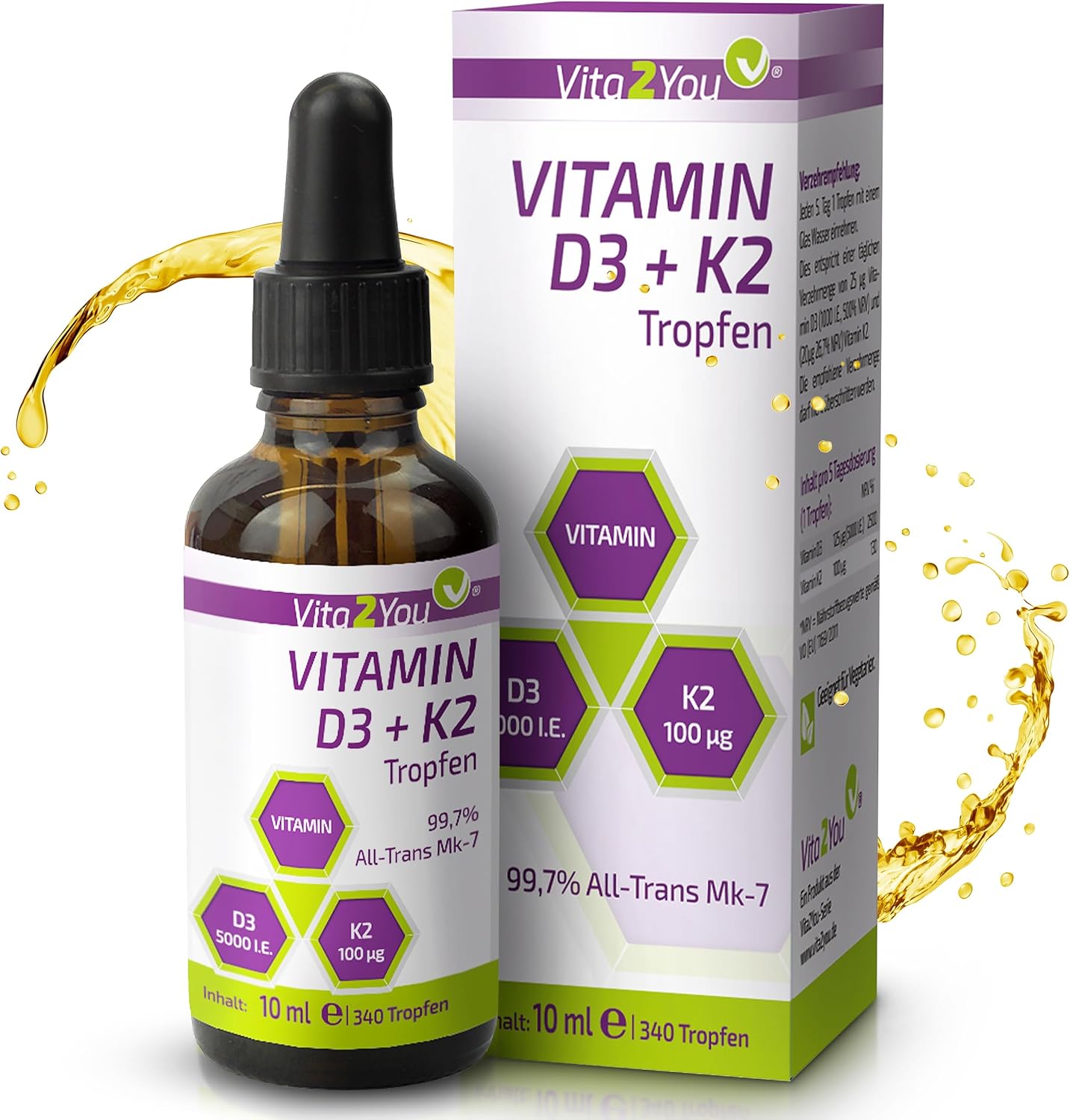 Detalle de Vita2You Vitamin D3 + K2 Tropfen (K2VITAL MK-7) mit 5.000 IE D3 & 100 µg K2 pro Tropfen