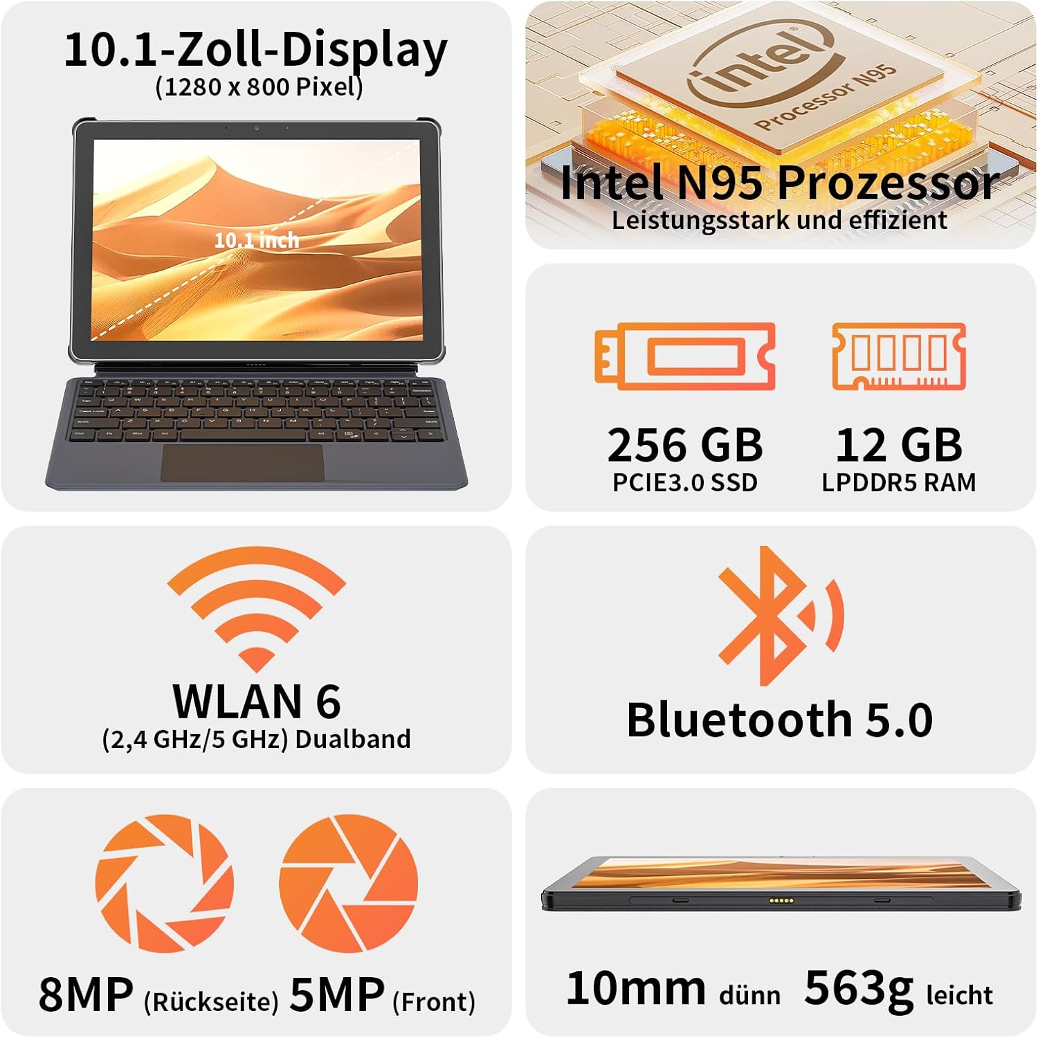 Detalle de AWOW AIBOOK 11: 10,1 Zoll 2-in-1 Tablet mit deutscher Tastatur – Alder Lake N95, 12GB RAM, 256GB SSD