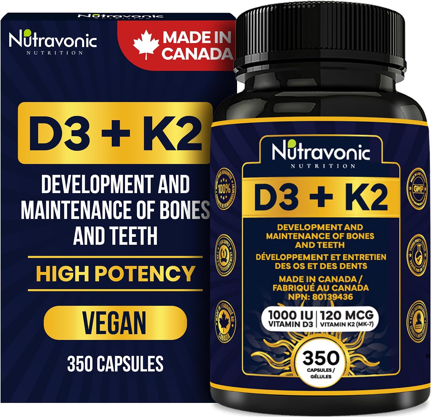 Detalle de Nutravonic Nutrition Vitamin D3 + K2, 1,000 IU, MK-7, 350 Capsules