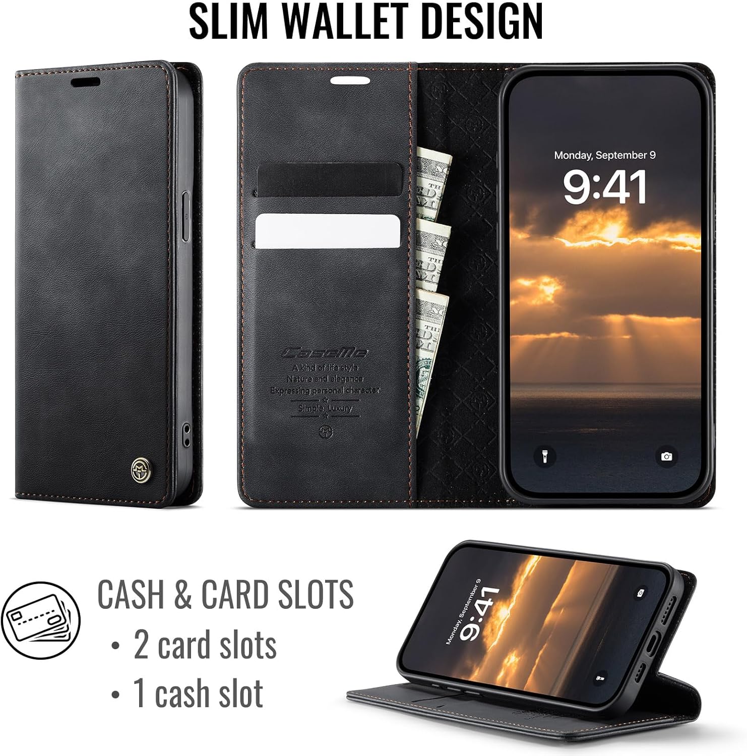 Thumbnail 2 de Cracedily Wallet Case for iPhone 17e / iPhone 16e Leather Flip Cover with Kickstand & RFID Blocking, Black